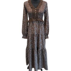 Brown Floral Long Sleeve Dress with Lace Trim